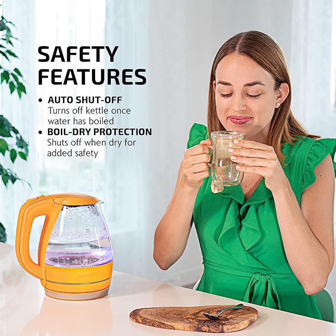 OVENTE 1.5L Glass Electric Kettle Water Boiler, Orange KG83O