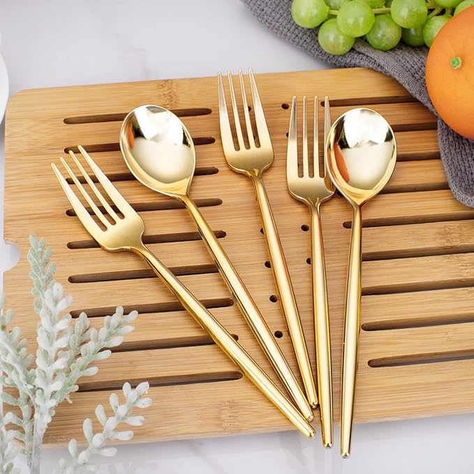 SUT 200PCS Plastic Forks and Spoons Heavy Duty Set, Gold Disposable Silverware, gold Cutlery, Disposable Utensils, Plastic Flatware Includes 100 Forks, 100 Spoons for Party