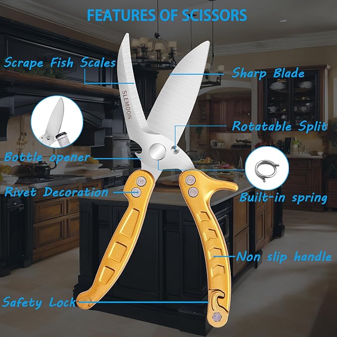 SLEMOON Heavy Duty Kitchen Shears,Poultry Shears with Safety Lock,Gold