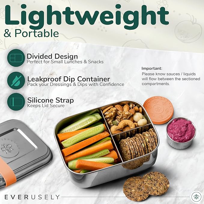 Everusely - Bento Box - Orange, 27oz / 0.8 L - Stainless Steel Lunch Box with Leakproof Condiment Container - 3 Compartment Snack Organizer for On the Go Meals - Freezer & Dishwasher Safe