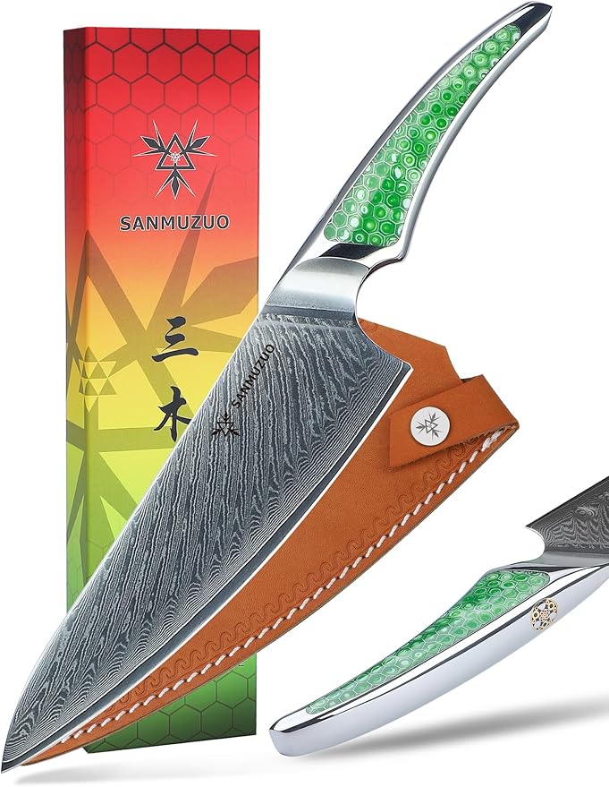 SANMUZUO 8 inch Chef Knife, Japanese VG-10 Damascus Steel Kitchen Knife, Ultra Sharp Cooking Knife with Full-tang Handle in Green Resin, LA-S9 Series