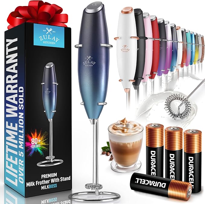 Zulay Kitchen Powerful Milk Frother Wand With Duracell Batteries - Ultra Fast Handheld Drink Mixer - Electric Whisk Foam Maker for Coffee, Lattes, Cappuccino & Matcha - Z1 Motor - Deep Sea