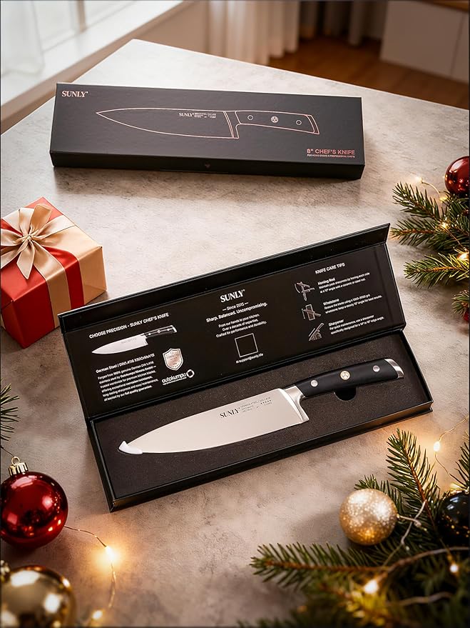SUNLY Chef Knife, 8 Inch Professional Kitchen Knife with German 1.4116 Stainless Steel, 58±2 HRC Hardness, Full-Tang Design, Anti-Slip Handle for Meat, Fruits, Vegetables, Gift-Ready Magnetic Box