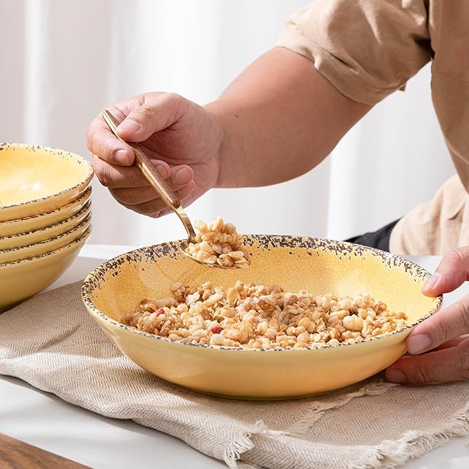 ZAROCRUS Farmhouse Melamine Pasta Bowls Set, 42 OZ Large Salad Bowls Set, 9.25 inch 6 Piece large Soup Bowls,Wide and Shadow Rustic Round Serving bowl, Set of 6 Dinner Bowl,Yellow…