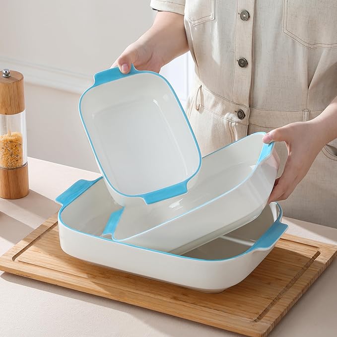 MALACASA Ceramic Baking Dishes Set of 3, Blue Trim Casserole for Oven, 9x13