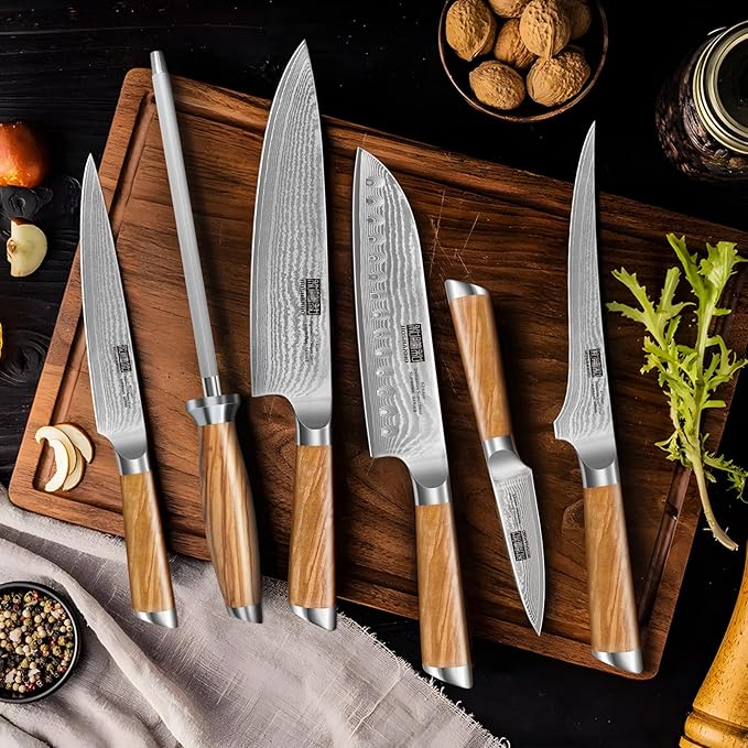 HOSHANHO Damascus Knife Block Set 7PCS, Sharp Kitchen Knives with Sharpener