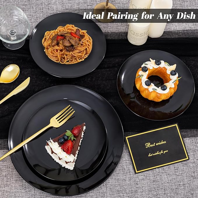 PULOTE 200PCS Black Plastic Plates - Heavy Duty Black Disposable Include 100 Each (10 inch Dinner & 7 inch Dessert) Plates, Disposable for Party, Birthday & Graduation