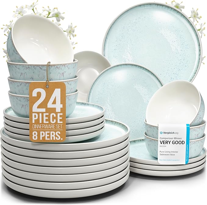 24 Piece Stoneware Dinnerware Set for 8 - Handmade Reactive Glaze Plates and Bowls Set - Chip & Scratch Resistant Dish Set - Dishwasher Microwave Safe - Light Beige & Blue