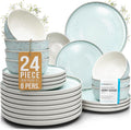 24 Piece Stoneware Dinnerware Set for 8 - Handmade Reactive Glaze Plates and Bowls Set - Chip & Scratch Resistant Dish Set - Dishwasher Microwave Safe - Light Beige & Blue