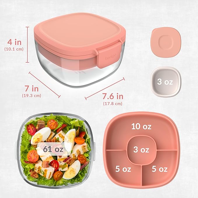Bentgo Glass Salad Container with Airtight Lid & Leak-Proof Sauce Cup