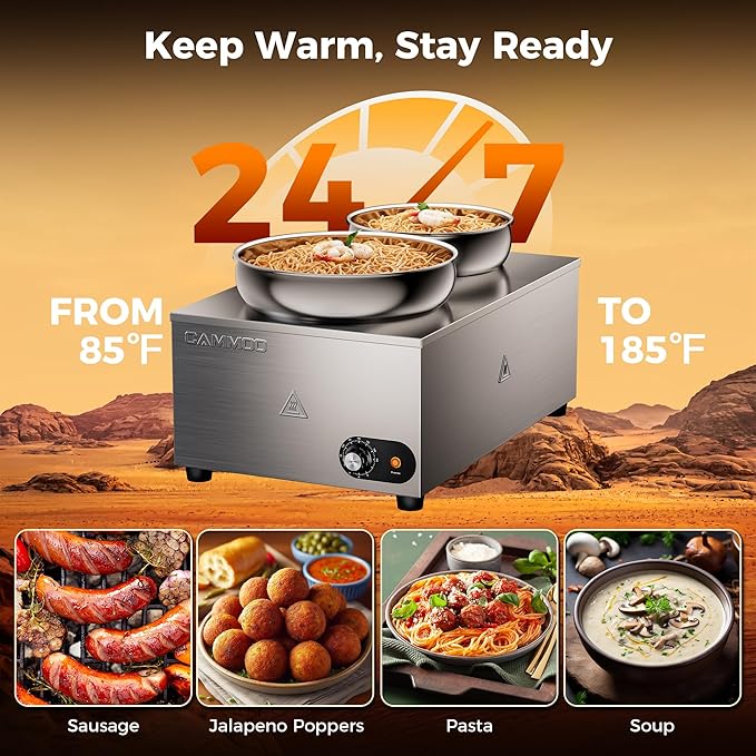 CAMMOO 20qt 2-in-1 Electric Soup Warmer and Steam Table Food Warmer, 1200W Stainless Steel Bain Marie Pot, 86~185°F Adjustable Temp, Commercial Soup Kettle for Catering Restaurant Buffet