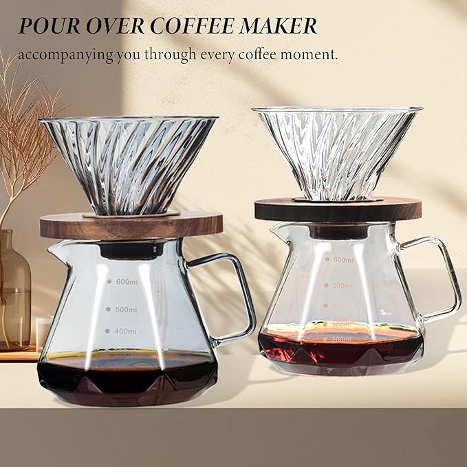 COFISUKI Upgrade Pour Over Coffee Maker - 20 OZ /600ML Borosilicate Glass Coffee Maker with Glass Coffee Dripper, Stylish Elegant Drip Coffee Maker for Home Cafe Restaurant Camping, 600 ml, Gray