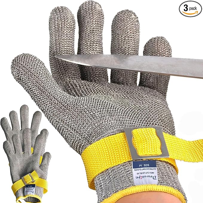Dowellife ANSI A9 Cut Resistant Glove Food Grade, Stainless Steel Mesh Metal Knife Cutting Glove for Butcher Oyster Shucking Kitchen Mandoline Chef Slicing Fish Fillet(X-Large-3 Pcs)