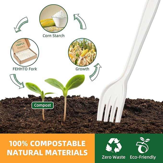 FEHHTO 100% Compostable Fork, 7" Disposable Cornstarch Forks Heavy Duty Cutlery BPI Certified Eco-Friendly Utensils Biodegradable Party Dinner Supplies No Plastic-150pcs Forks