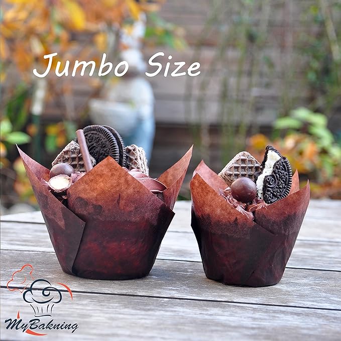 MyBakning Jumbo Extra Large size Brown Tulip Baking Cups 2-1/4"(Base diameter) x 3-3/4"(Wall height) Greaseproof paper baking cupcake Muffin liners, Case of 130 pcs