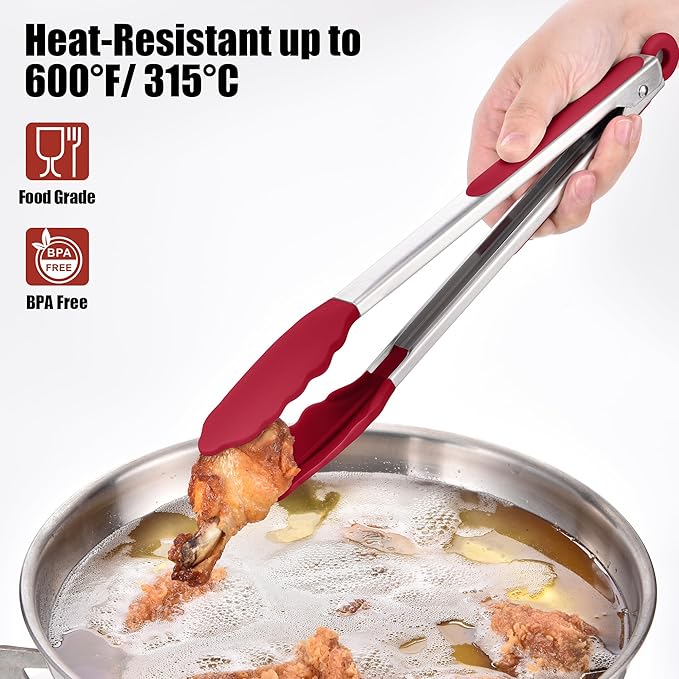 Doosu Kitchen Tongs for Cooking - 600°F Heat Resistant Food Tong with Non-Scratch Silicone Tips, Heavy Duty Stainless Steel Locking Tong for BBQ, Grilling Steak, Serving Salad, Pasta (12in, Red)