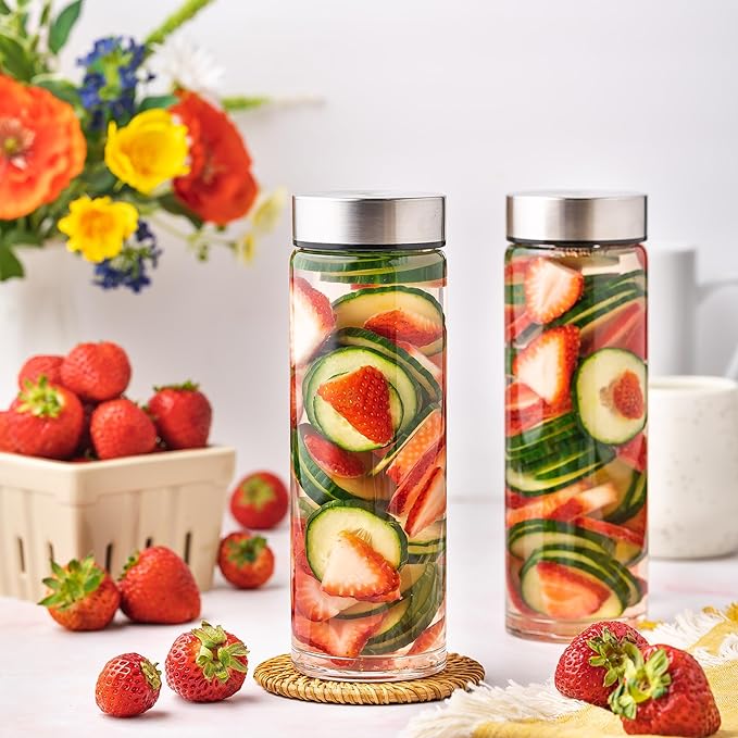 16oz Juice Bottles, Wide Mouth Glass Water Bottles & Stainless Steel Lids