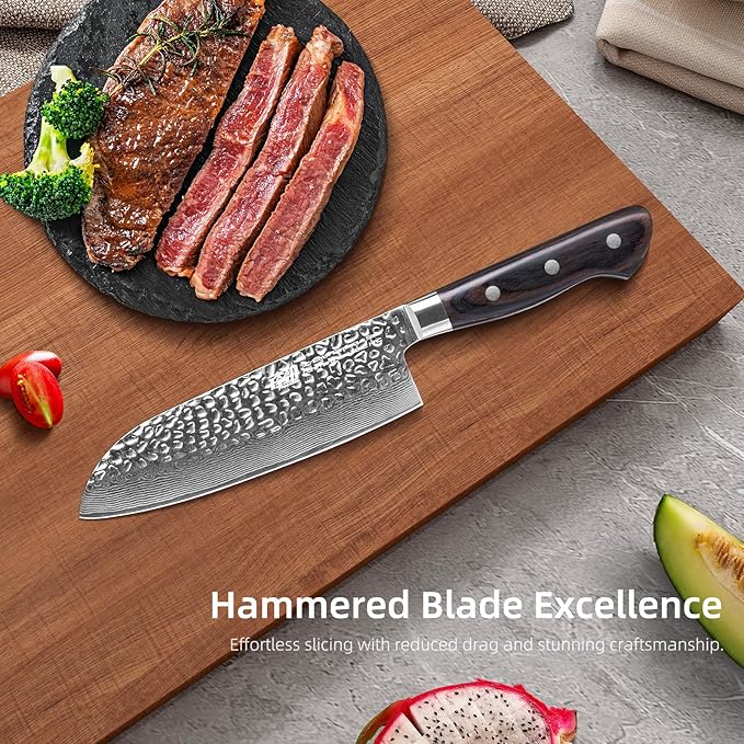 FINDKING 7 Inch Damascus Santoku Knife,Versatile Japanese-Inspired Chef Knife, Multifunctional Asian Culinary for Vegetable Preparation (Raven Series)