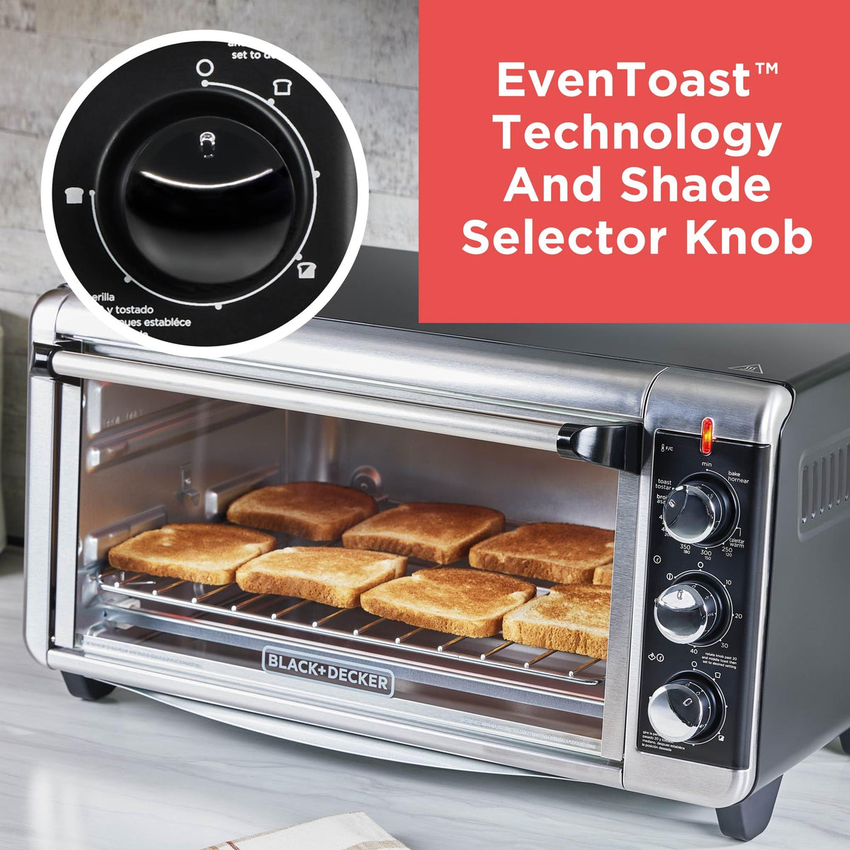 BLACK+DECKER TO3250XSBD 8-Slice Extra Wide Convection Countertop Toaster Oven, Includes Bake Pan, Broil Rack & Toasting Rack, Stainless Steel/Black