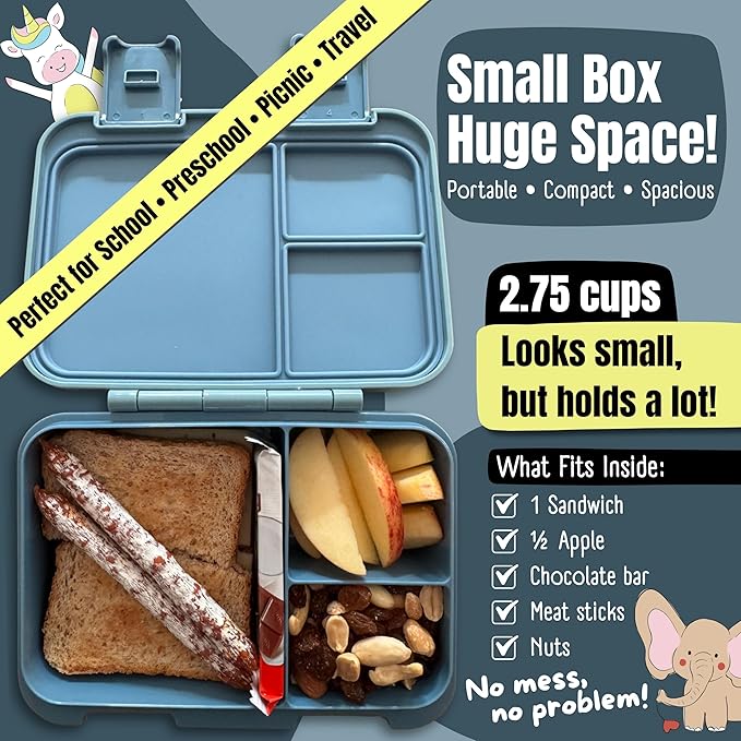 BEARFOOT Kids Lunch Box with Compartments – Compact & Lightweight | Leak-Proof, BPA-Free, Dishwasher Safe | Hand-Drawn Design for Preschool, School, Travel (Sticker Blue, 2.75 Cups)