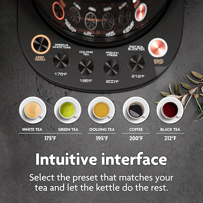 Viante Alba Electric Tea Kettle With Infuser, No Plastic, 1.5L, Black
