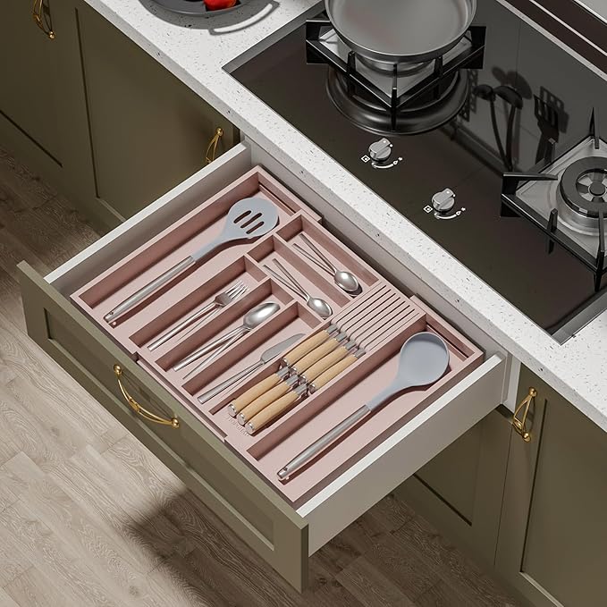 TIOPGHAD Expandable Bamboo Silverware Drawer Organizer Tray, Grey Pink