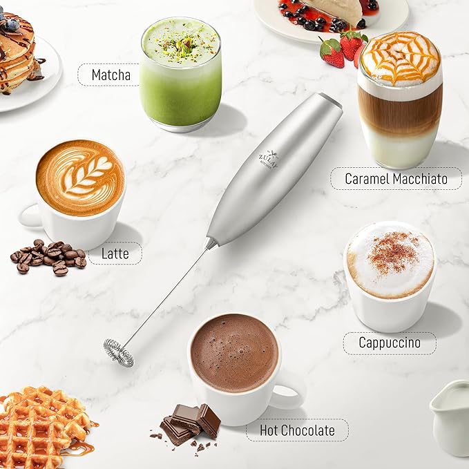 Zulay Powerful Milk Frother for Coffee with Upgraded Titanium Motor - Handheld Electric Whisk, Milk Foamer, Mini Mixer & Coffee Blender for Frappe, Latte, Matcha, No Stand - Beta Silver