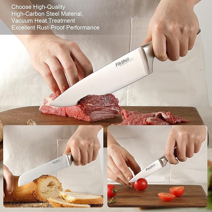 FIKSHOT 14 Pieces Knife Block Set German Stainless Steel with Sharpener
