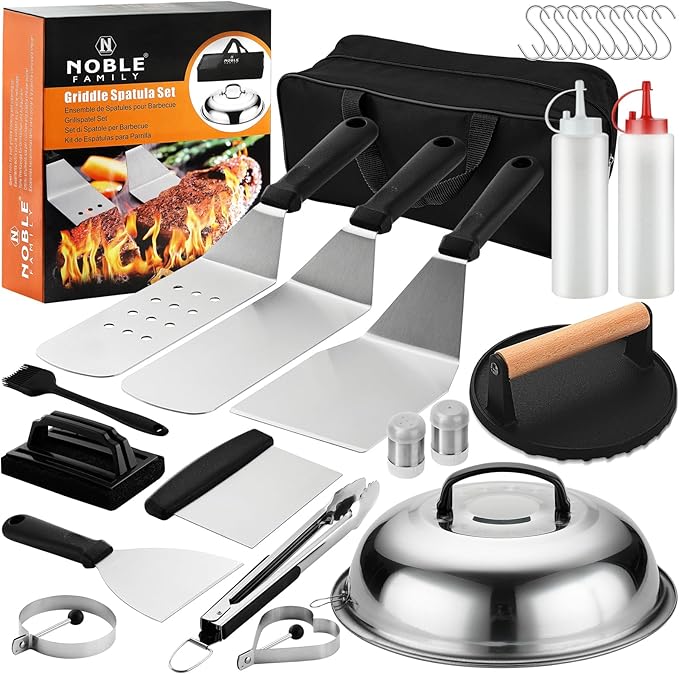 N NOBLE FAMILY 27 PCS Griddle Accessories Kit, Flat Top Grill Accessories Set for Camping, Professional Griddle Spatula Set with Melting Dome, Burger Press for Outdoor BBQ Teppanyaki