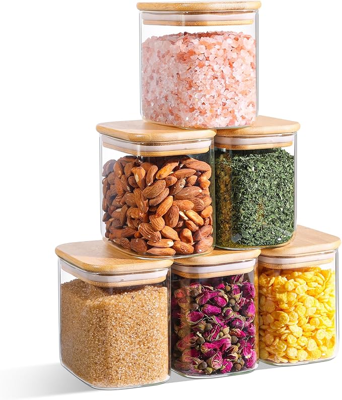 ComSaf Small Glass Containers With Lids 0.7 Qt, Set of 6 Glass Storage Jars