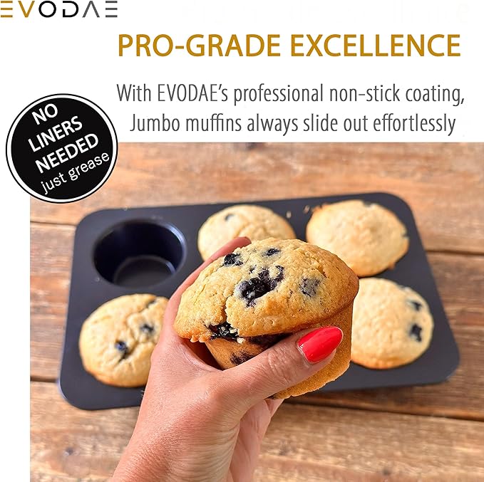 EVODAE Jumbo Muffin Pan, 2 Pack – Extra-Large Wide & Deep Cups, 12-Cup (2x6) Nonstick Carbon Steel – Texas Muffin Tin, Large Cupcake Pan – PFOA & PTFE Free, No Liners Needed, Gift Box
