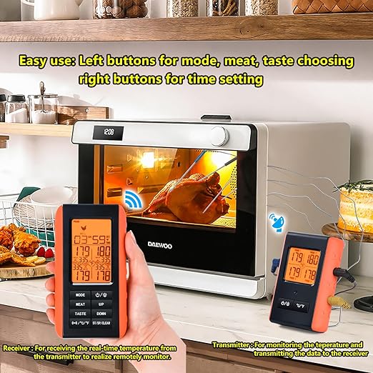 Wireless Meat Thermometer for Grilling and Smoking, Food Thermometer for BBQ Smoker Oven Cooking Steak, Grill Thermometer for Outside Grill with 4 Meat Probes, Kitchen Timer