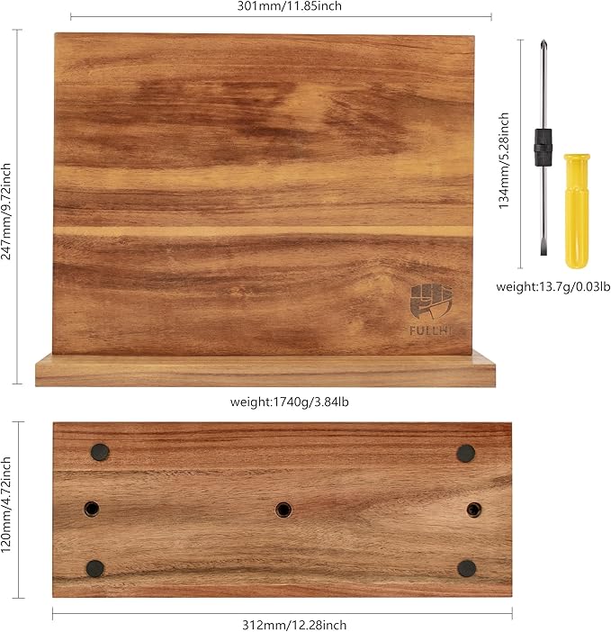 FULLHI Kitchen Magnetic Knife Block Holder Magnetic Strip Natural Wood
