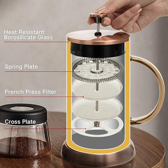 YMMIND 21 Ounce French Press Coffee Maker, 4-Cup Espresso Coffee Maker, Grey Cold Brew Heat Resistant Thickened Borosilicate Coffee Pot with 4 Stainless Steel Filter Screens
