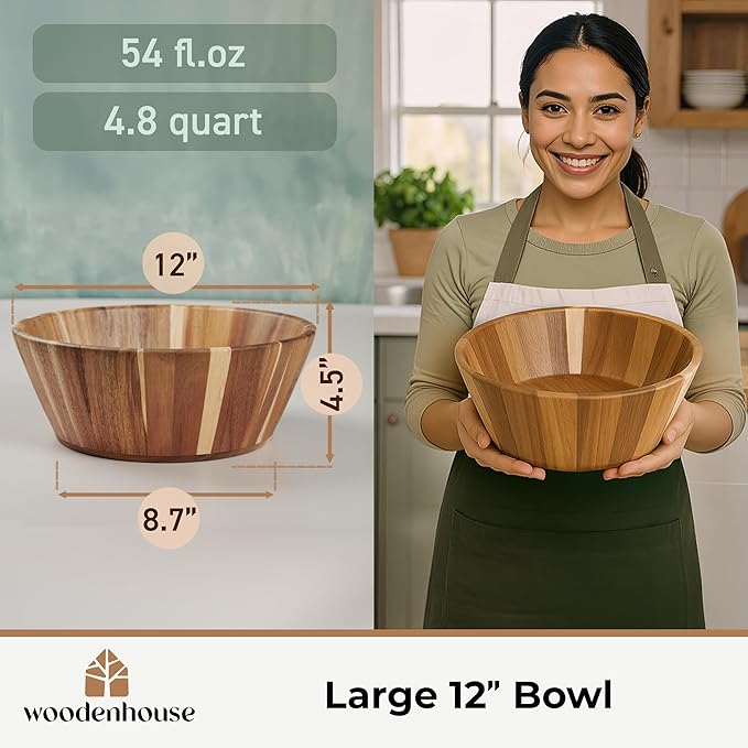 Wooden Salad Bowl, 12" Round Wood Bowl for Fruit & Serving