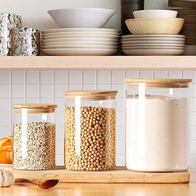Wnaraa Glass Flour Storage Containers with Lids, Glass Jars with Bamboo Lids, Large Food Storage Jar, Sugar, Pantry Storage Container for Pasta Rice Flour Oats Nuts Tea Spice (Round 27oz+54oz+100oz)