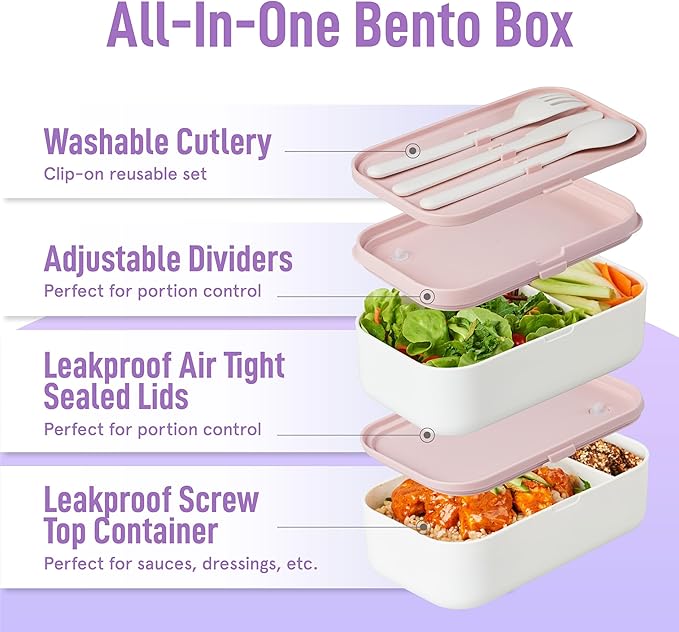KARRICO Double Premium Bento Box Adult, 67oz, Portion Control, Dusty Pink
