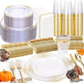 Nervure 350Pcs Clear Gold Plastic Plates, Dinnerware Sets for 50 Guests