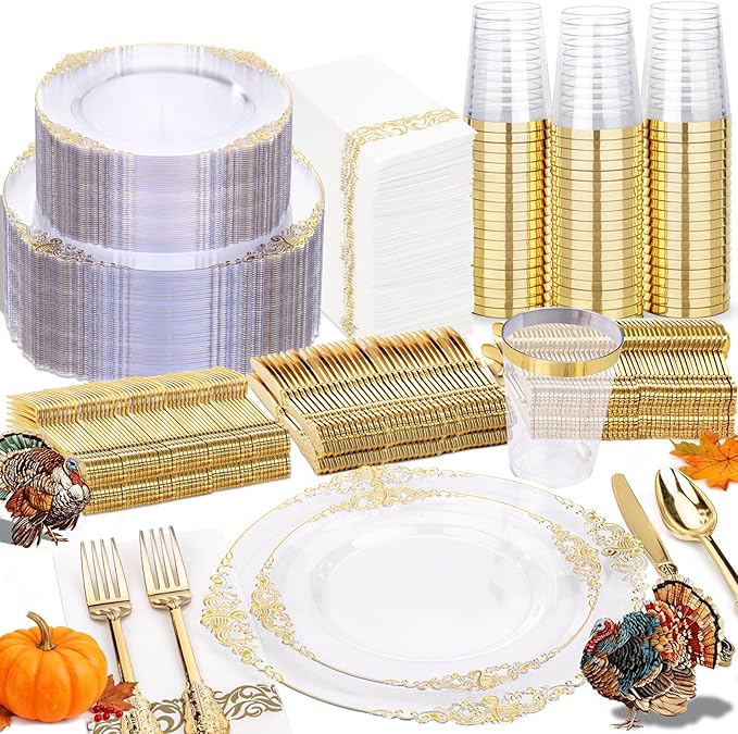 Nervure 350Pcs Clear Gold Plastic Plates, Dinnerware Sets for 50 Guests
