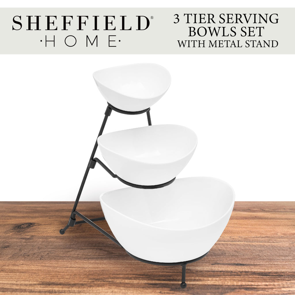 Sheffield Home 3 Tier Stoneware Large Serving Bowls Set with Metal Stand - Microwave & Dishwasher Safe Fruit Bowl & Chip and Dip Servings Set - Serving Dishes for Party, Kitchen & Side Dishes (White)