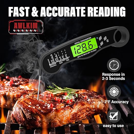 AWLKIM Smart Meat Thermometer, 3.8" Touchscreen, 0.5s ±0.5°F, IP68, Black