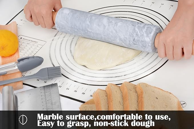 SIPARUI Marble Rolling Pin Set with Silicone Pastry Mat,Pastry Brush,Cooking Tongs,Stainless Steel Scraper18.5 inch Polished Non-Stick Roller for Pizza Dough,Fondant,Pie Crust(Gray White)