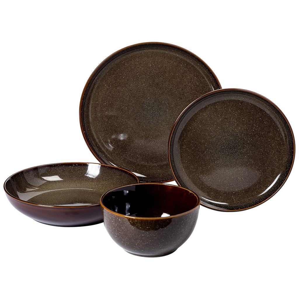 Gibson Elite Edwina 16-Piece Double Bowl Dinnerware Set, Service for 4 – Dark Green Stoneware Plates and Bowls