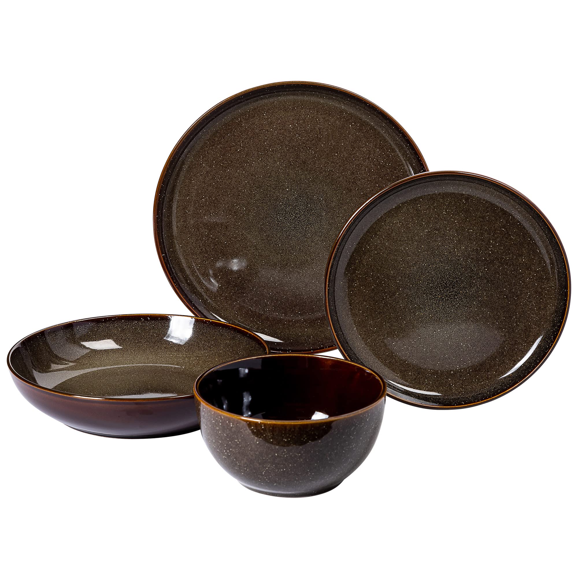 Gibson Elite Edwina 16-Piece Double Bowl Dinnerware Set, Service for 4 – Dark Green Stoneware Plates and Bowls