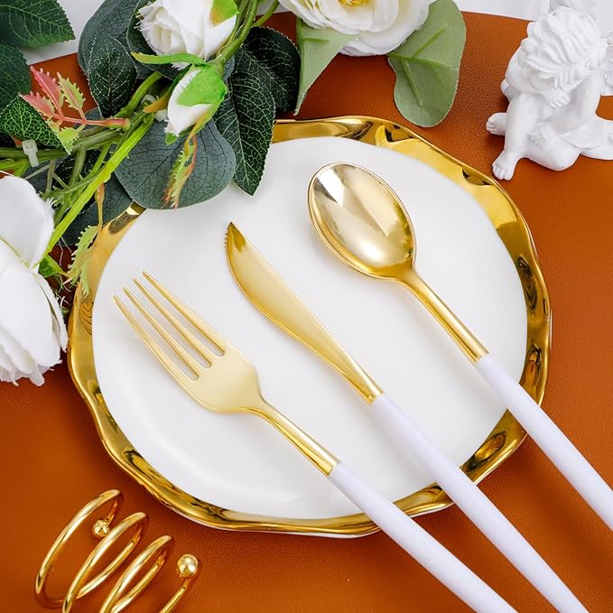 I00000 300 Pcs Gold Plastic Silverware Set, Gold Utensils with White Handle