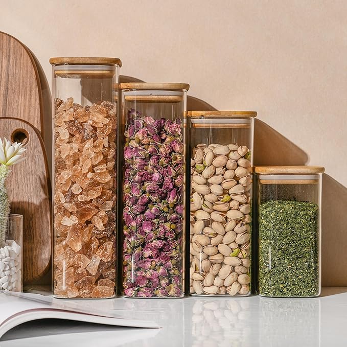 D2scrma 64oz Rectangle Airtight Glass Storage Containers with Bamboo Lids (Set of 3), Square Food Storage Jar, Pantry Organizers for Cereal, Flour, Pasta and Coffee beans (‎with Black Lable)