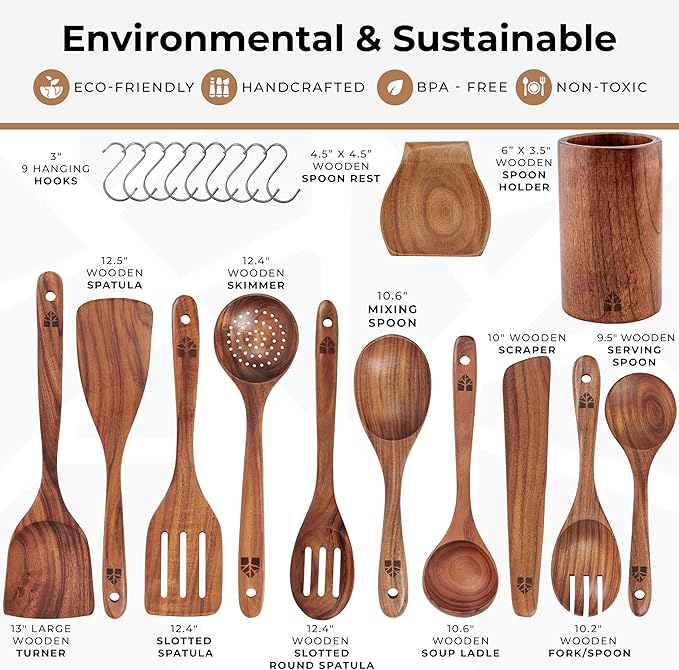 Wooden Spoons for Cooking, 12 Pcs Teak Utensil Set with Holder & Hooks