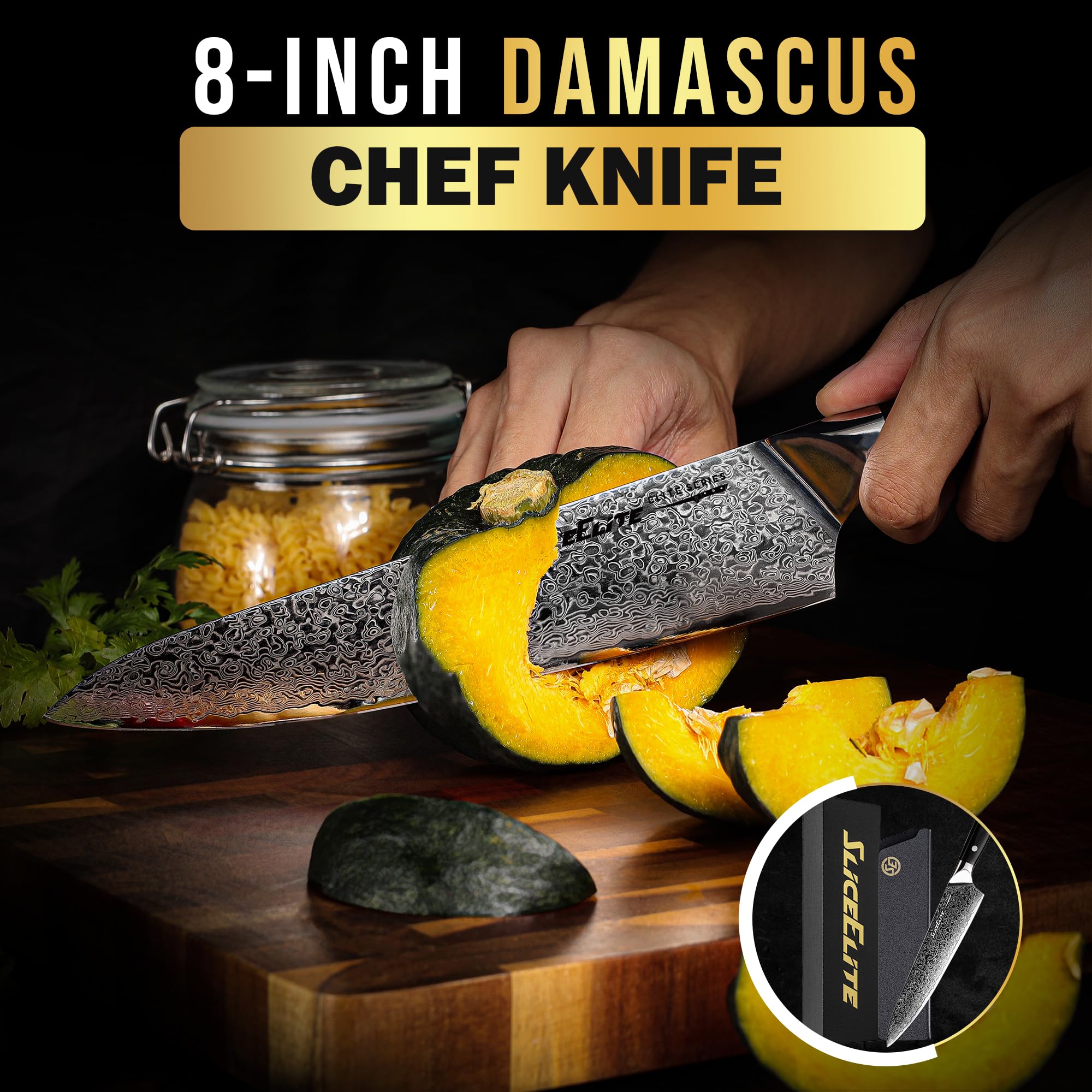 SliceElite Elite Series 8 Inch Chef Knife VG10 Damascus Steel Forged G10 Handle Sharp Kitchen Vegetable Meat Chopper Cutting Cooking Carving Precision Cleaver BBQ Fruit Professional Gift Blade Tool