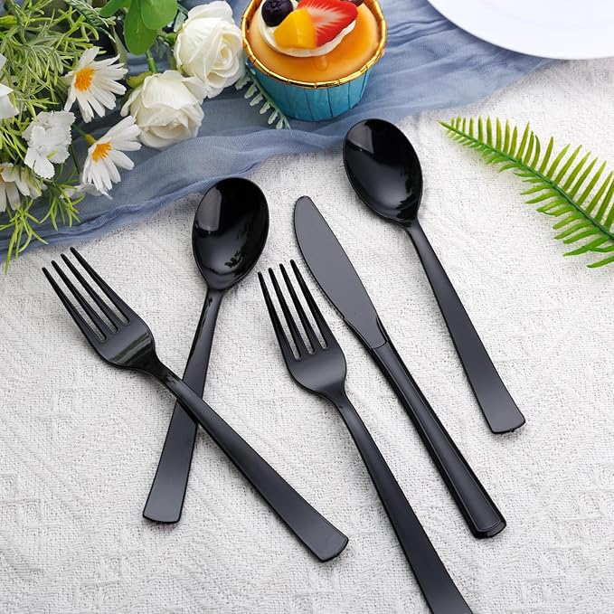 EI 360pcs Black Plastic Silverware,Disposable Cutlery,Plastic Silverware Heavy Duty,Plastic Spoons and Forks include 120pcs Forks,120pcs Spoons and 120pcs Knives,for Wedding,Graduation Decorations