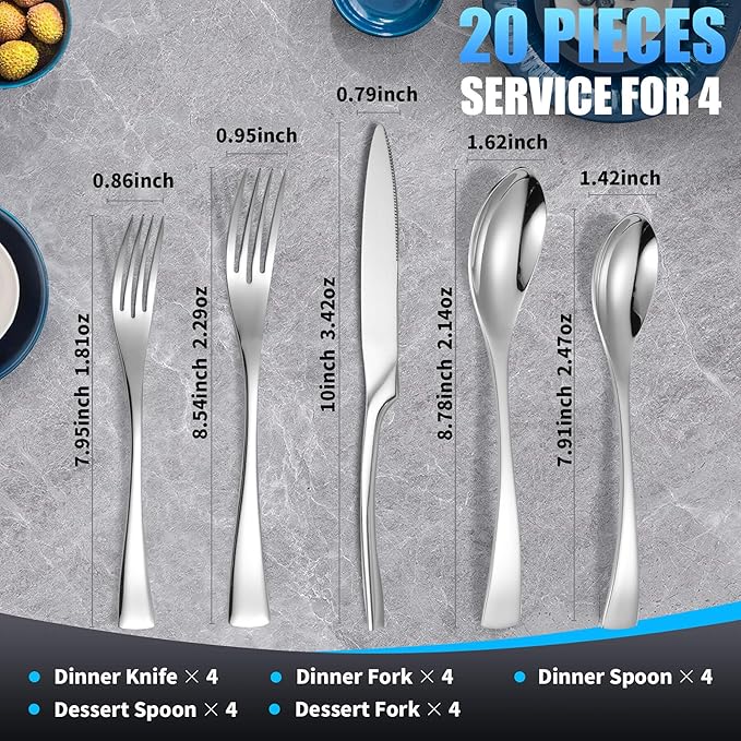 Lemeya 20 Pieces Silverware Set for 4,Heavy Duty 18/10 Stainless Steel Flatware Set with Forged Stand Knives,Modern Cutlery Utensil Set,Mirror Polished,Dishwasher Safe